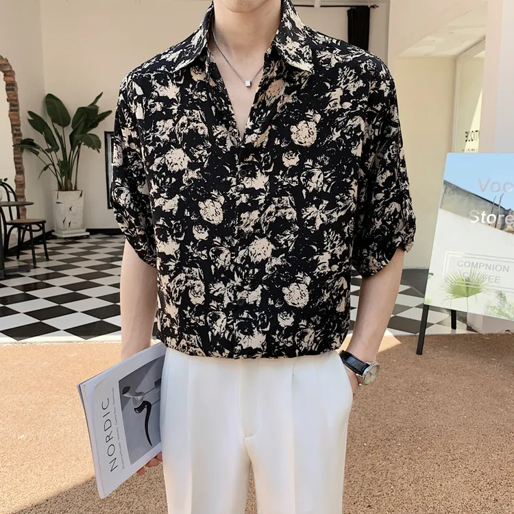 夏季冰丝垂坠感高端花衬衫短袖男痞帅高级感宽松衬衣半袖寸衣男士