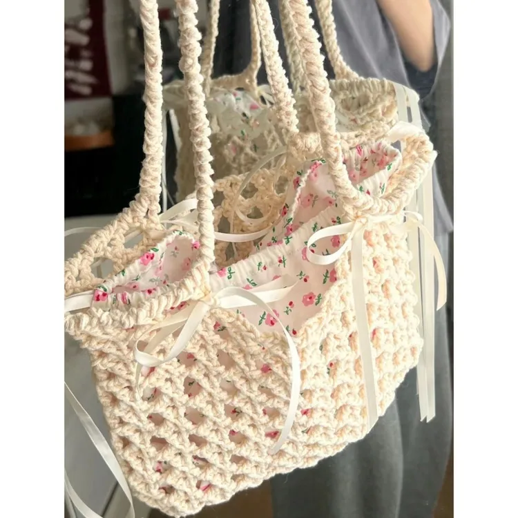 小红书圆股纱夏日包包碎花沙滩风手工diy编织包钩针空心棉单肩包