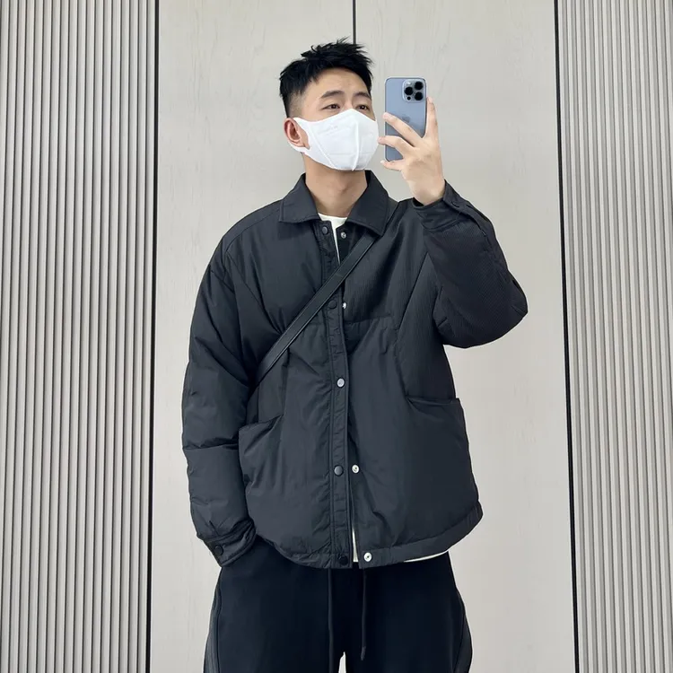 梅一天日系拼接设计感翻领轻薄羽绒服男冬季潮流百搭休闲保暖外套