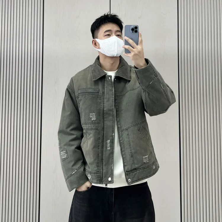 梅一天美式复古工装牛仔羽绒服男2024冬季新款潮流痞帅白鸭绒外套