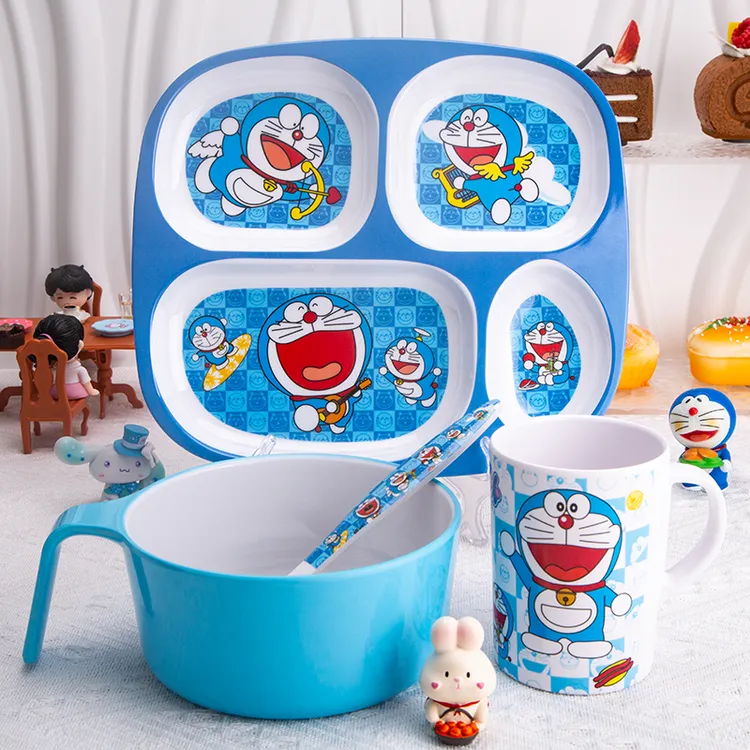 密胺儿童卡通餐具套装宝宝辅食碗叮当猫哆啦A梦吃饭分格餐盘水杯