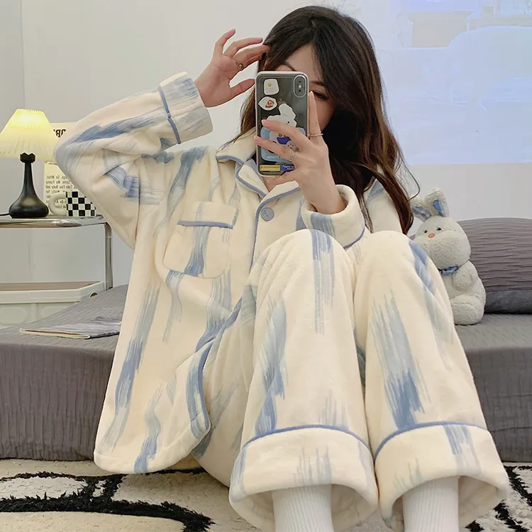 珊瑚绒睡衣女冬季长袖甜美开衫女款套装加绒加厚保暖法兰绒家居服