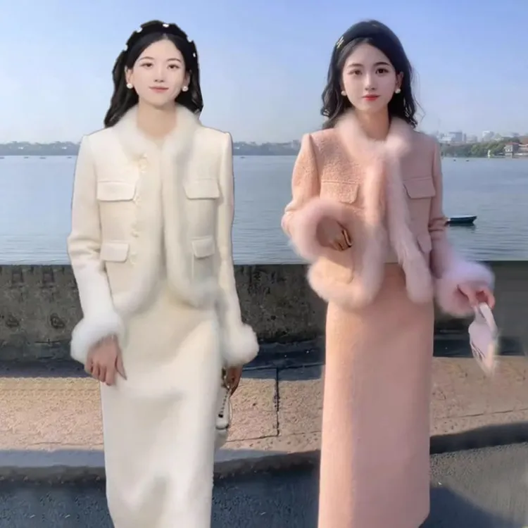 冬季新款时尚小香风套装裙女加棉加厚兔毛毛拼接广州小香风套装