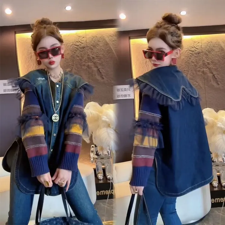 网红爆款2025春秋新款韩版休闲牛仔衬衫女洋气拼色圆领打底衫衬衣