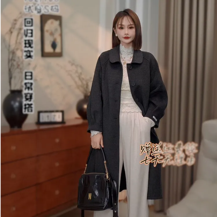 58004秋冬设计师中长款双面呢大衣宽松时尚百搭气质单排扣大衣