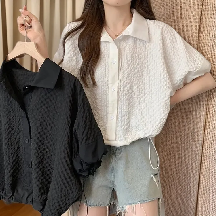 大码女装胖妹妹夏新款设计感polo领衬衫遮肉洋气显瘦短袖上衣小衫