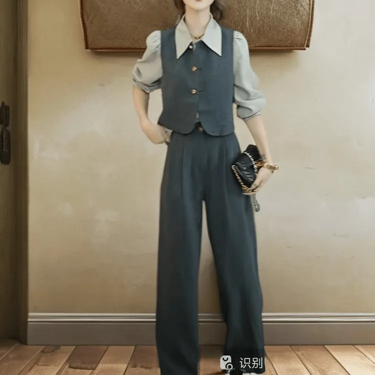 法式气质翻领夏季长袖衬衫+无袖马甲+半身裙女秋季时尚显瘦三件套