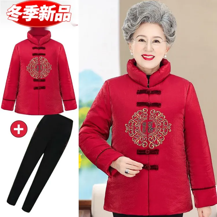 老年人冬装女棉衣加棉加厚老太太生日过寿妈妈红色唐装奶奶装外套