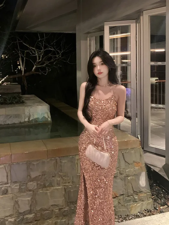 小众晚礼服女宴会长款高端轻奢夏季生日聚会气质小个子亮片感