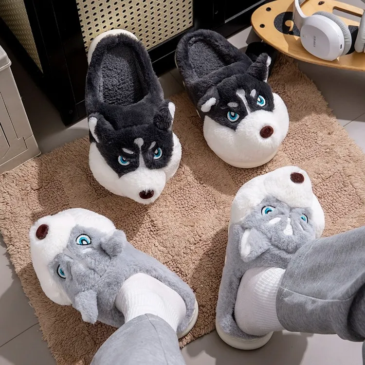 哈士奇棉拖鞋男士冬季新款居家居室内厚底可爱毛绒保暖拖鞋男冬天