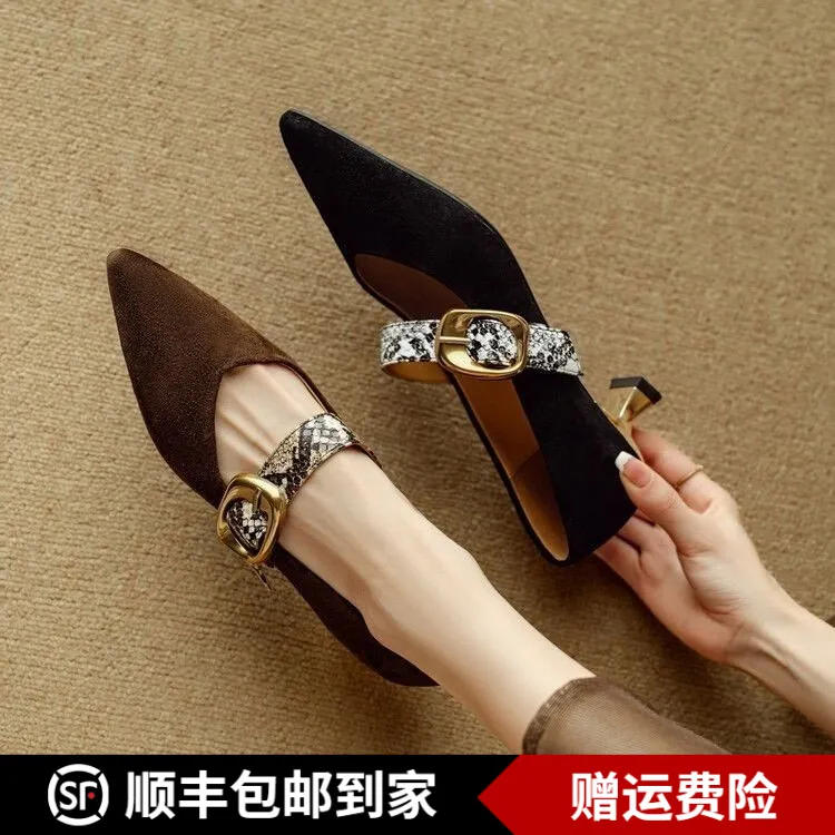 【品牌撤柜】法式尖头高跟鞋女软一字扣带丽珍鞋春秋新款轻奢不累