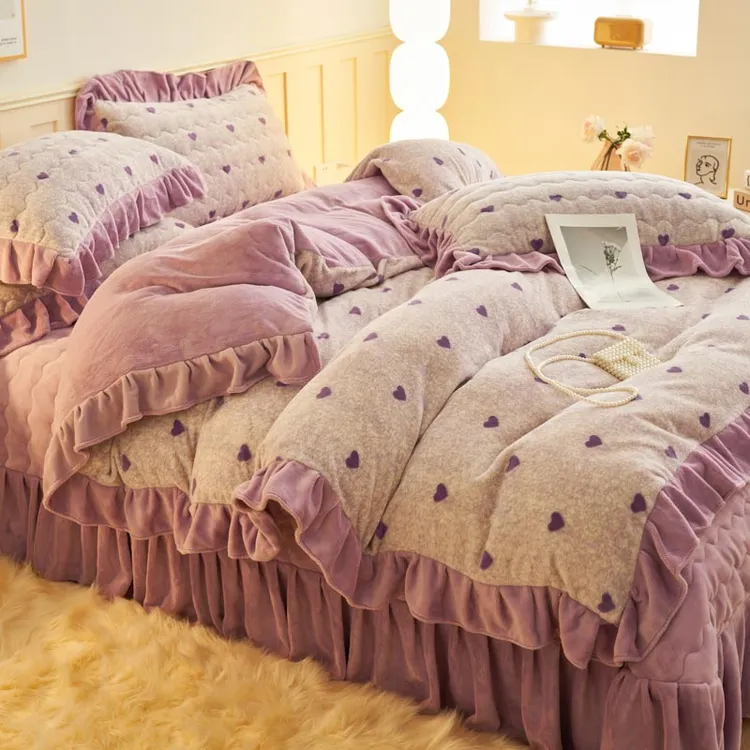 牛奶绒床盖四件套网红新爆款床盖夹棉加厚冬季双面绒三件套加绒