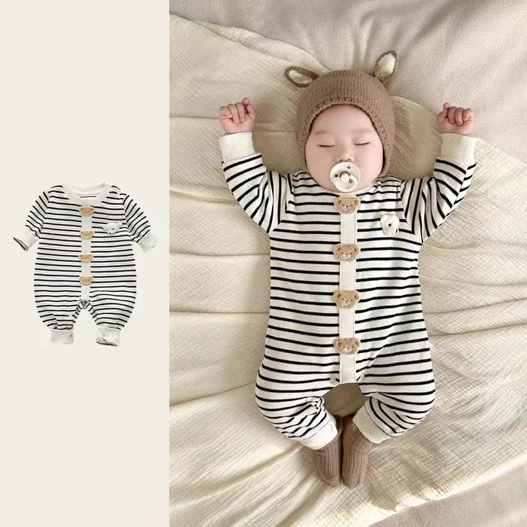 【高品质】婴儿连体衣春秋长袖哈衣薄款条纹宝宝哈衣儿童连体衣秋季