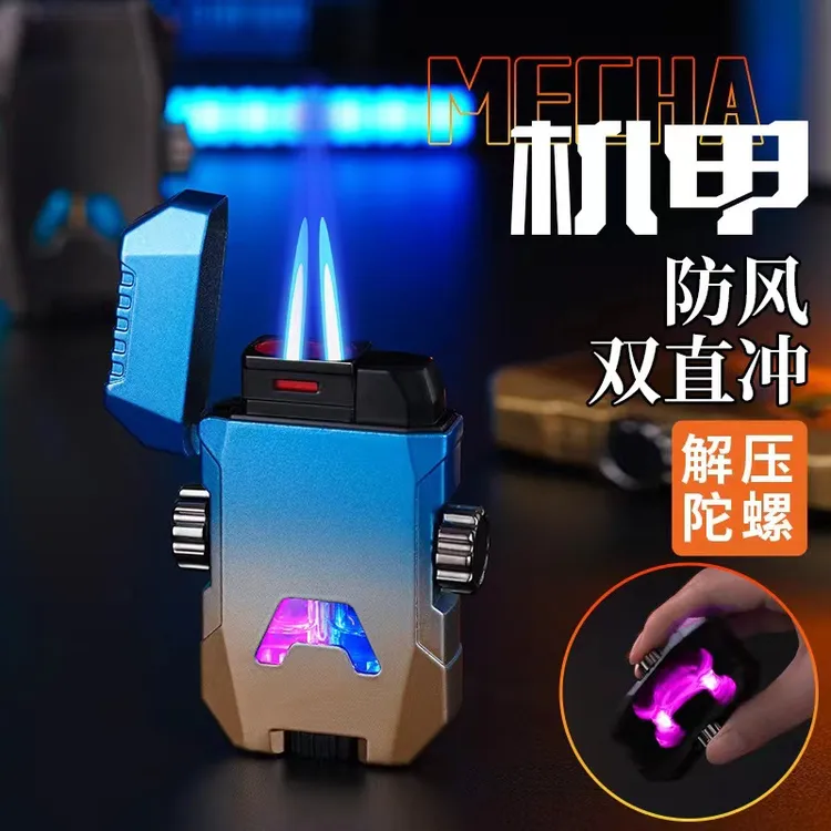 新款机甲陀螺充气打火机防风双直冲炫酷跑马灯个性创意礼物送男友