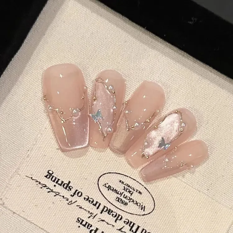 仲夏之梦手工穿戴甲晨露蝶翼气质显白光疗甲夏日粉色穿戴甲过年