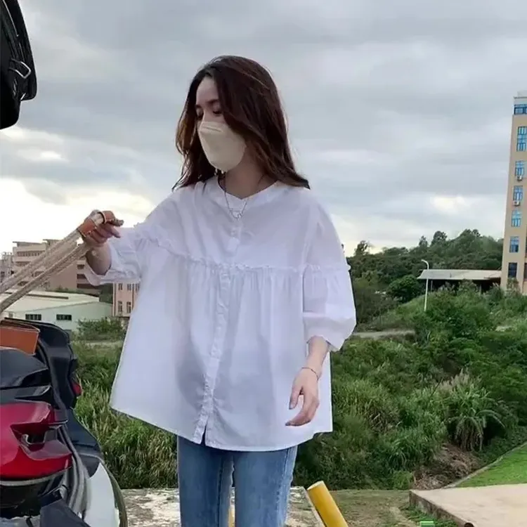 韩版中袖衬衫新款夏季洋气宽松显瘦遮肉百搭减龄白色休闲衬衣女