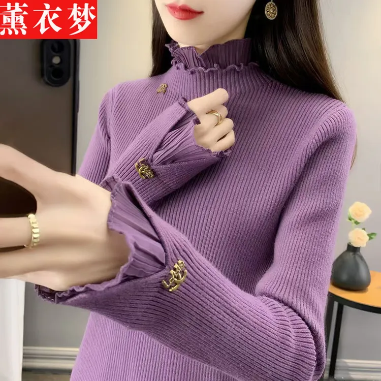 1410秋季蕾丝拼接长袖针织女士毛衣半高领套头修身显瘦高弹打底衫