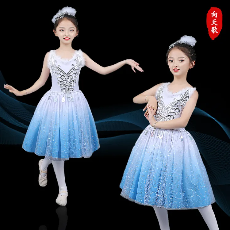 儿童舞蹈服女童渐变色吊带蓬蓬裙舞台合唱演出服古典舞团体表演服