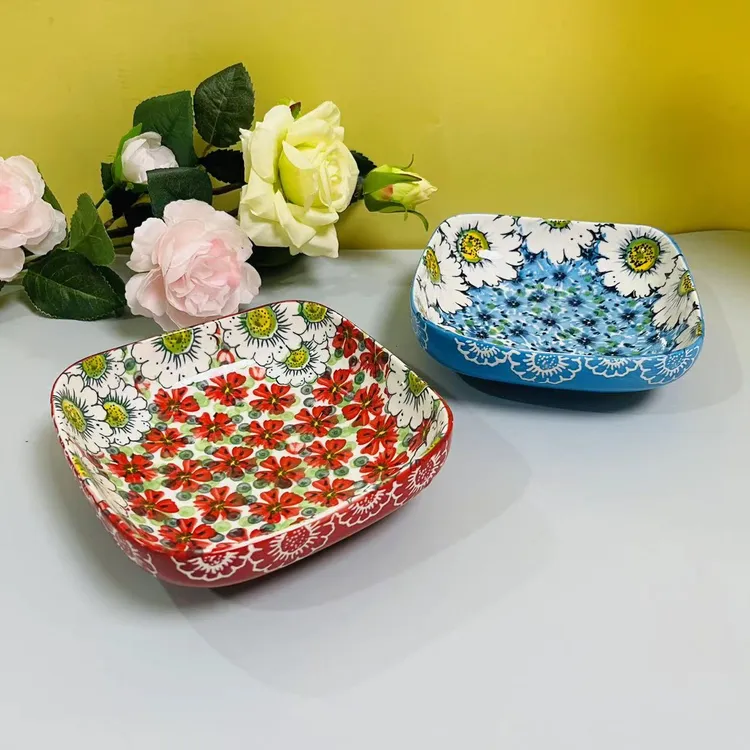 红蓝海洋陶瓷6英寸四方水果零食盘点心盘菜盘2个装