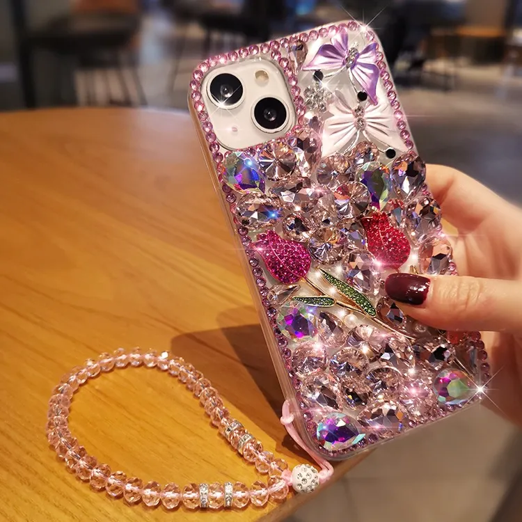 适用【苹果/华为/OPPO/VIVO/小米】高定奢华双蝶玫瑰镶满钻手机壳