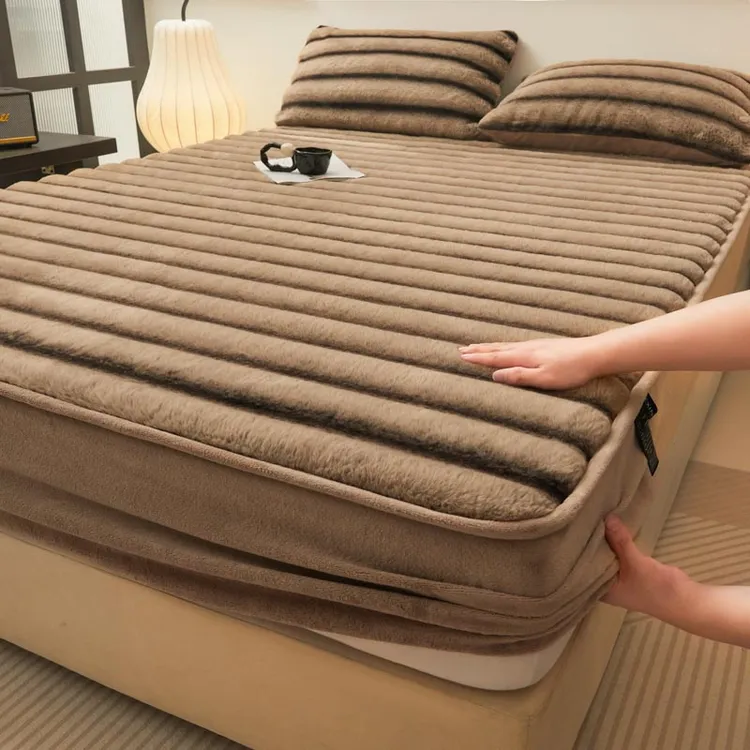 冬季兔毛绒床笠单件加绒珊瑚牛奶绒可机洗床垫保护罩床垫床罩套