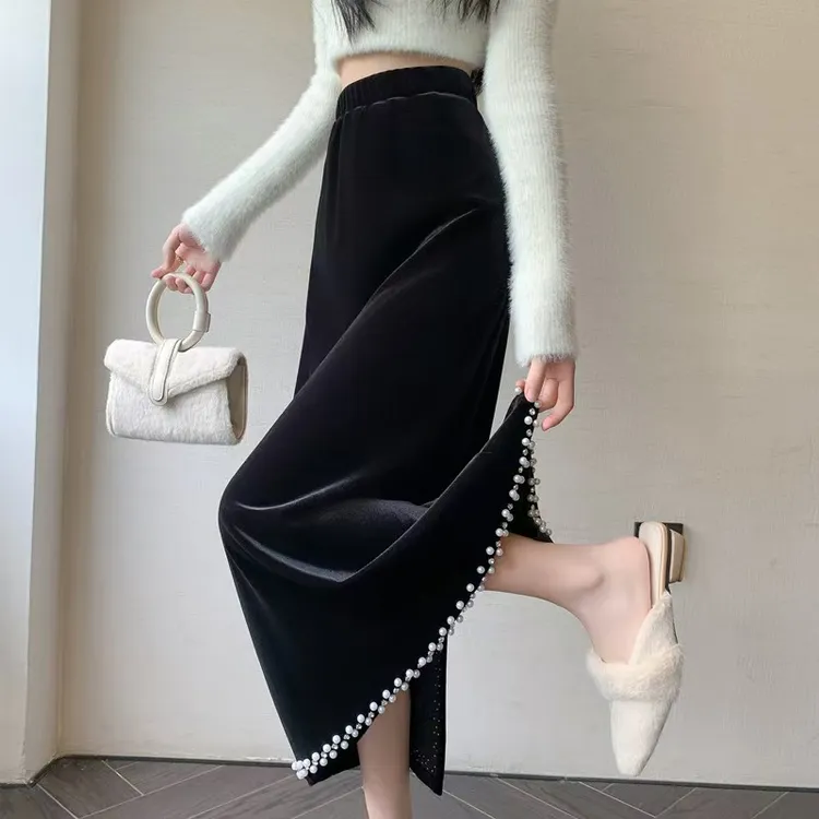 钉珠半身裙女秋冬金丝绒直筒裙法式复古高腰中长款后开叉包臀裙子