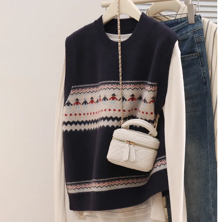 手拉手秋装新款套头圆领提花拼色针织衫毛衣女马甲背心内搭上衣