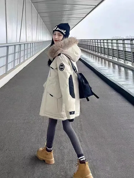 【90白鸭绒】御寒工装羽绒服短款男女同款加真貉子大毛领