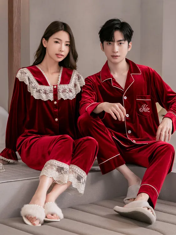 金丝绒长袖新款情侣睡衣女红色结婚新婚喜庆秋冬季家居服男士套装