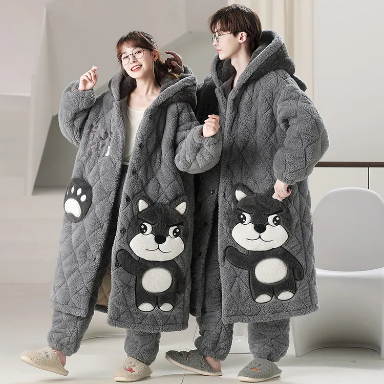 情侣睡袍卡通三层夹棉加厚男生女冬季青少年大码大学生睡衣可外穿