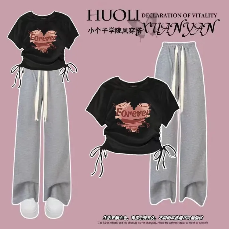 中大童2024年夏季潮牌套装韩版短款T恤女中学生阔腿工装裤两件套