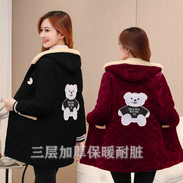 成人冬季加绒加厚罩衣女三层加棉拉链款妈妈装加肥加大中长款棉袄