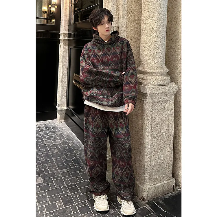新中式民族风印花连帽卫衣套装男款秋季潮牌痞帅青少年休闲两件套