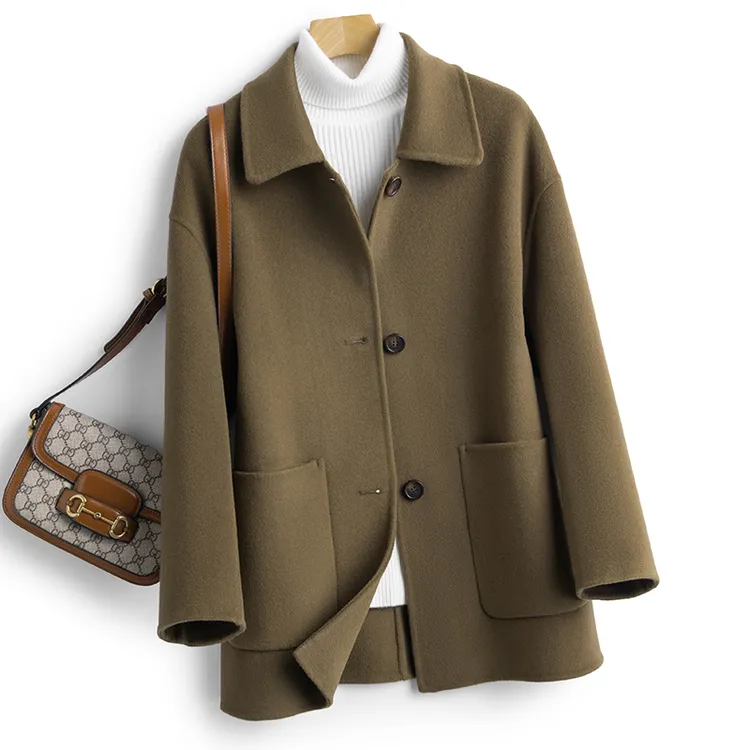 爆款毛呢小外套宽松显瘦双面尼大衣秋冬女纯羊毛外套中长款休闲