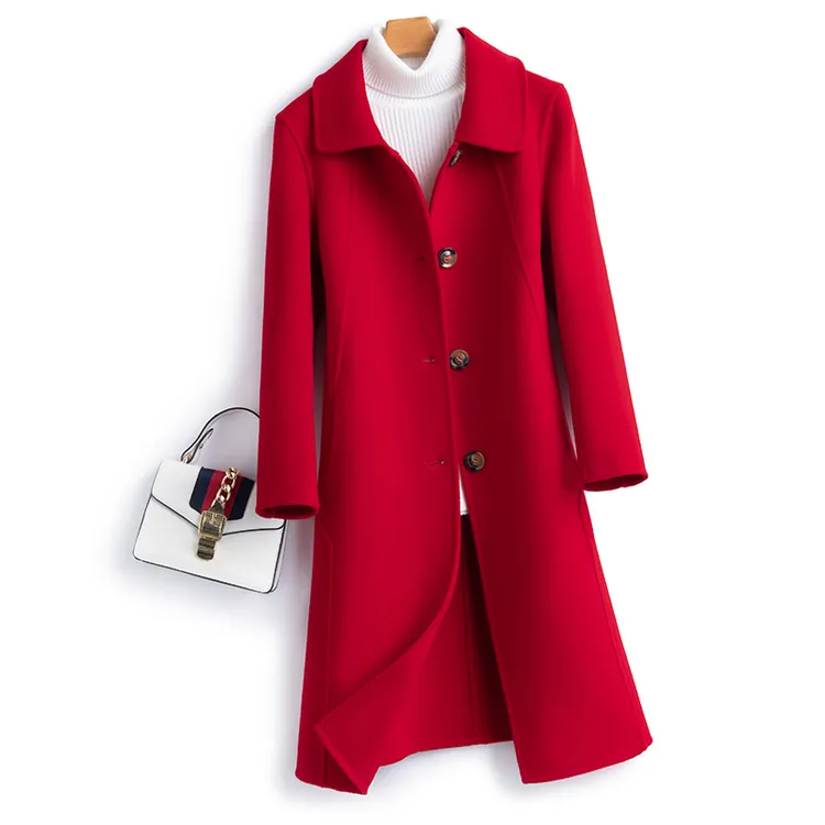 红色呢大衣秋冬时尚纯羊毛大衣韩版显瘦娃娃领修身女羊毛呢外套