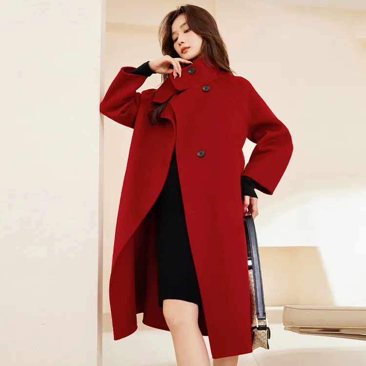 立领纯羊毛长款毛呢大衣宽松女士双面呢外套