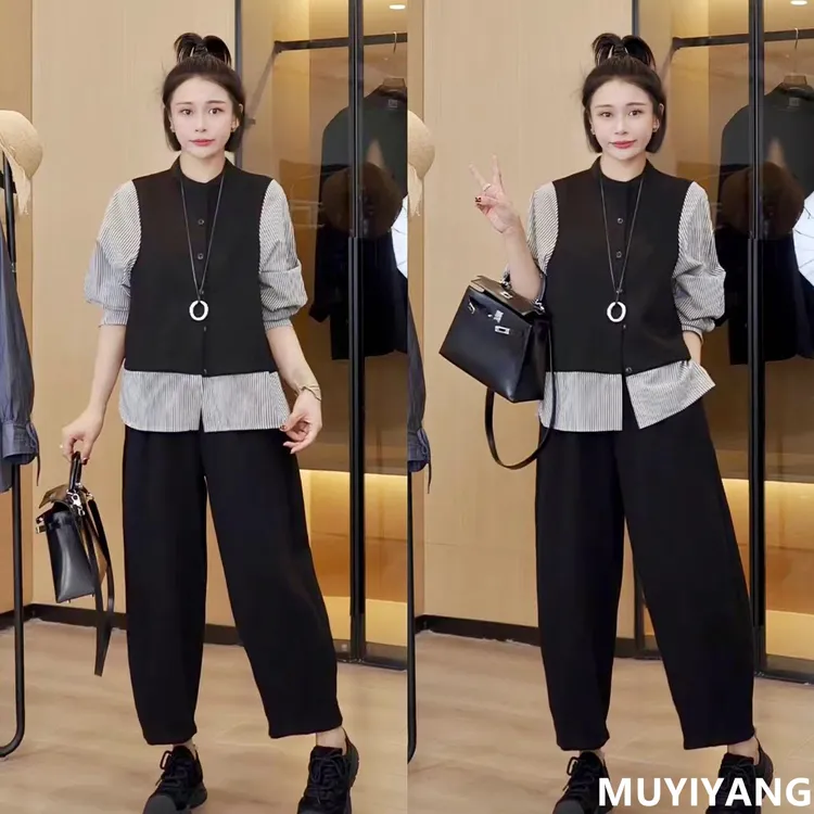 【西里岛】设计感拼接条纹圆领高定版两件套 衣长60 24-500#