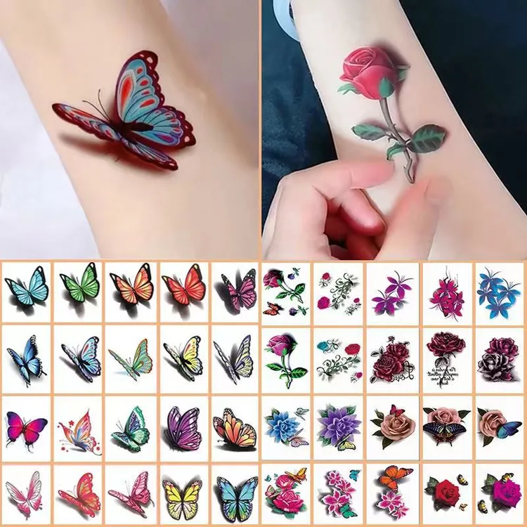 【40张套装】纹身贴纸女款3D感彩色玫瑰花朵蝴蝶遮疤贴纸