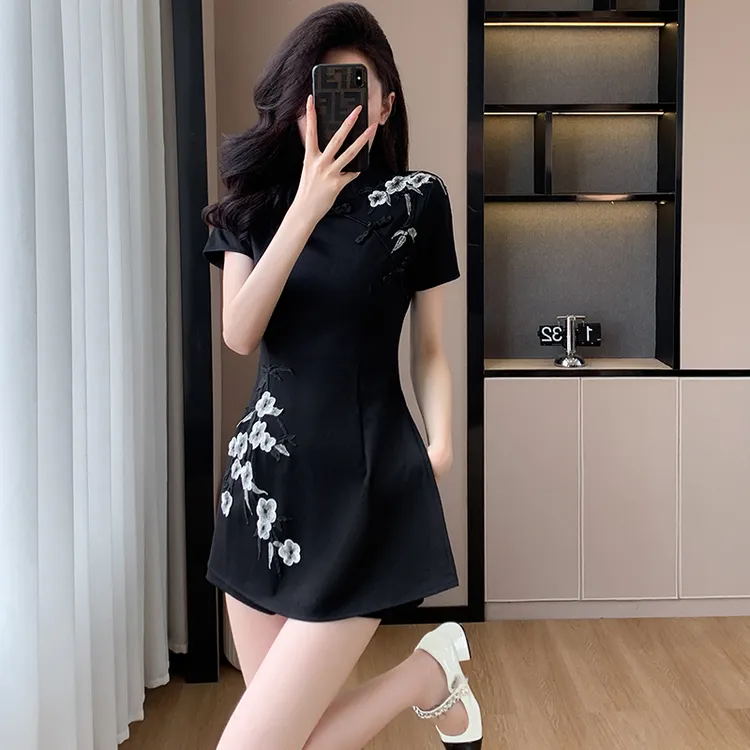 2024夏季新款新中式小个子两件套国风盘扣改良旗袍连衣裙短裤套装