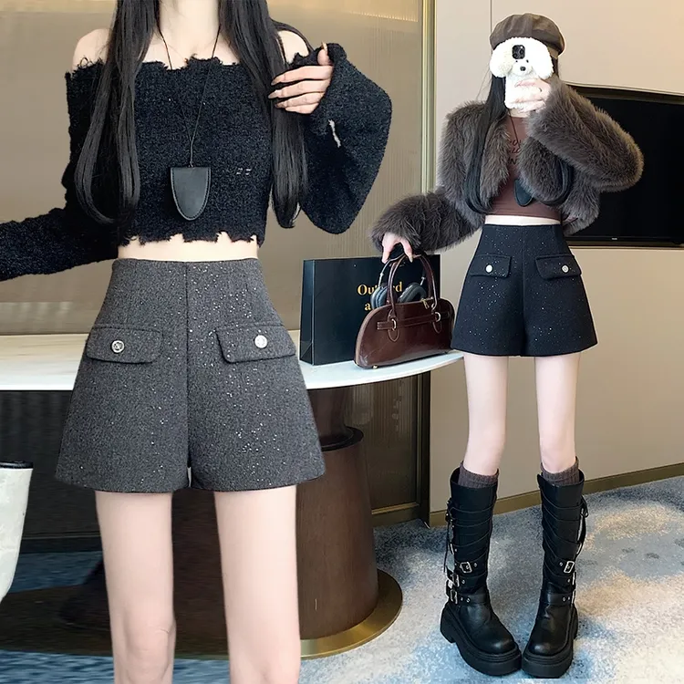 韩版高腰a字亮片毛呢阔腿短裤冬装2025冬季小个子显瘦外搭靴裤子