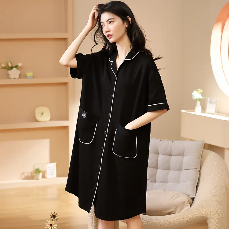 帕兰朵睡裙女士睡衣夏季夏天夏款纯棉短袖薄款衬衫开衫黑色高级感