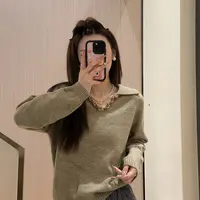 韩系复古翻领v领软糯毛衣女款2025新款秋冬季宽松慵懒风针织上衣