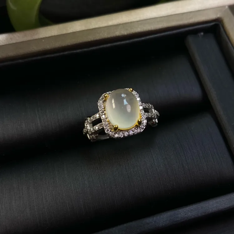 「物语」天然岫玉纯银s925镶嵌开口戒显瘦时尚公主