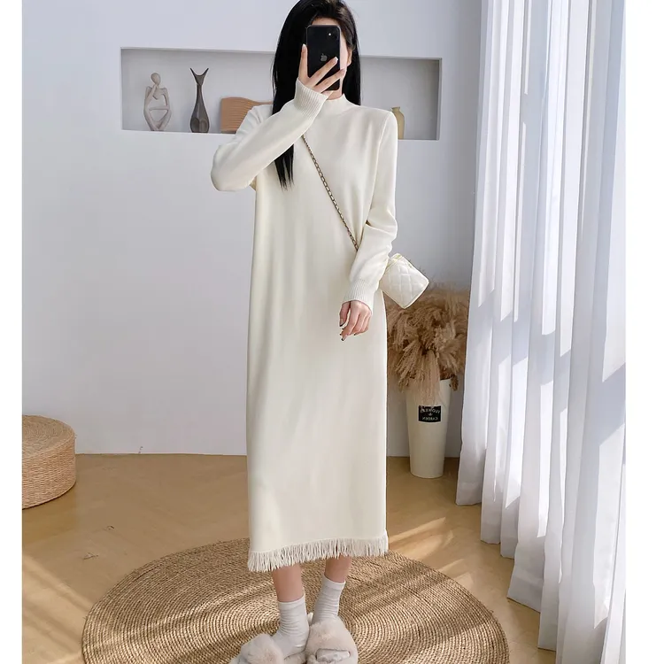 宽松版慵懒风秋冬半高领宽松内搭针织连衣裙微胖mm显瘦流苏毛衣裙