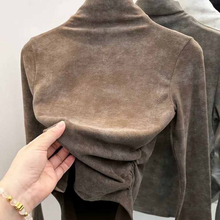 美拉德扎染半高领双面德绒打底衫女秋冬新款保暖修身显瘦长袖T恤