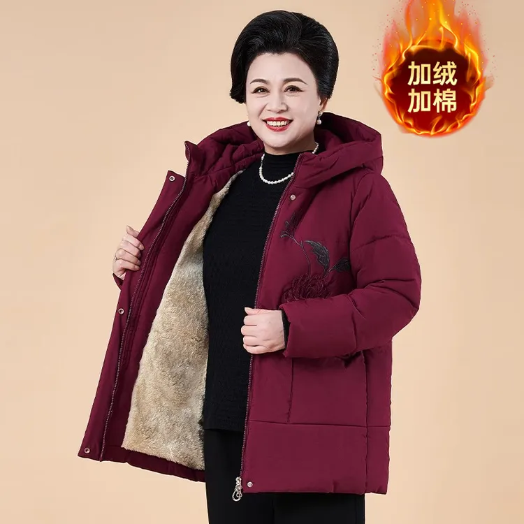 中老年女装妈妈装秋冬季绣花加绒加厚双口袋拼接棉衣保暖外套女装