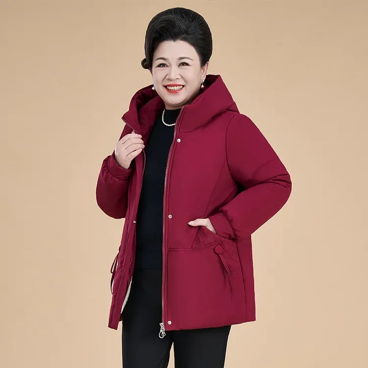 秋冬时尚棉衣连帽拉链款定位纽扣装饰绣花棉袄加绒棉服外套妈妈装