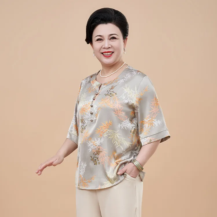 夏季新中式高档洋气T恤中老年女装妈妈装印花上衣加肥妈妈夏装女 