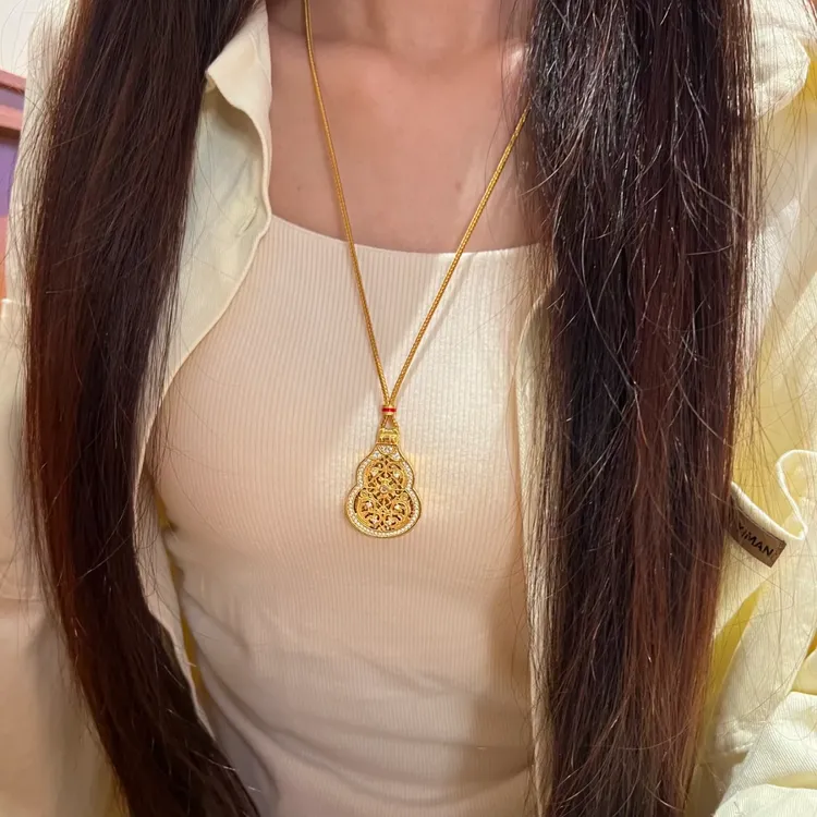 铜合金布艺项链 福禄双收镂空花丝葫芦吊坠新中式守护佛毛衣链