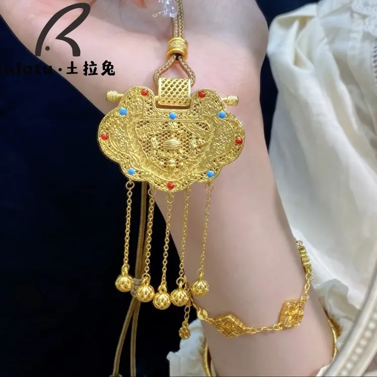 铜合金布艺项链 新中式吊坠中国风龙凤锁时尚项链百搭编绳锁骨链